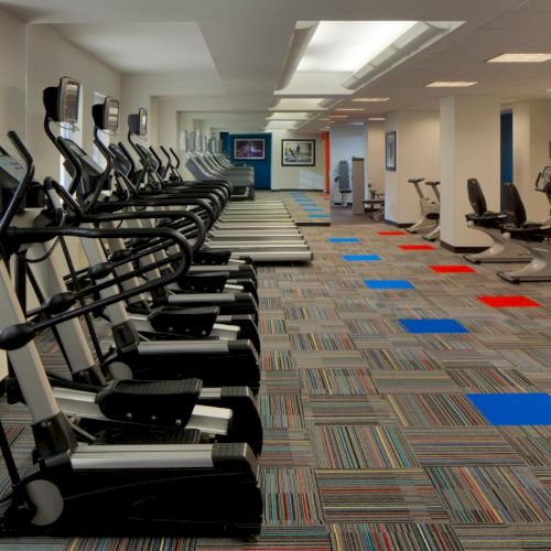 This image shows a modern gym with treadmills and exercise bikes lined up in rows, colorful tiles on the floor, and a clean, bright design.